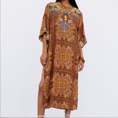 New With Tags Retails For $119 Style 7521/073 Midi Tunic Dress Wide Neckline Side Slits At Hem Below The Elbow Sleeves Embroidery And Bead Applique Detail Outer Shell: 52% Viscose - 35% Linen - 13% Modal Embroidery - 78% Polyester - 22% Cotton Summer Baroque Print Dresses, Summer Party Dress With Baroque Print, Spring Multicolor Maxi Dress With Side Slits, Bohemian Silk Maxi Dress With Floral Embroidery, Embroidered Multicolor Silk Dresses, Yellow Tunic Dress With Floral Embroidery, Summer Silk Embellished Embroidered Dress, Bohemian Party Dress With Side Slits, Embroidered Silk Maxi Dress