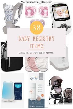 the top baby items for new moms with text overlay that reads, 38 baby registry items checklist for new moms