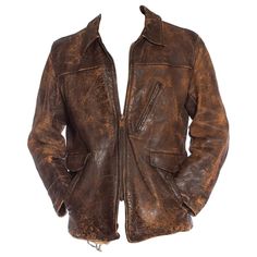 1940S Brown Leather Distressed Zipper Front Jacket Ugly Outfits, Cowboy Jacket, Distressed Leather Jacket, Raw Leather, Designer Jackets, Leather Jacket Style, Vintage Leather Jacket, Brown Leather Jacket, Gianni Versace