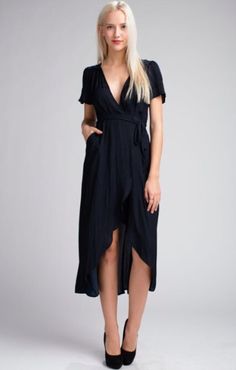 Navy Blue Dress - Satin Dress - Wrap Dress - Midi Dress | Bohopink Summer Short Sleeve V-neck Dress With Tie Waist, Short Sleeve Tie Waist Wrap Dress For Party, Short Sleeve Wrap Dress With Tie Waist For Party, Party Wrap Dress With Tie Waist And Short Sleeves, Flowy V-neck Dress With Surplice Neckline For Date Night, Summer Midi Dress With Surplice Neckline In Rayon, Summer Rayon Midi Dress With Surplice Neckline, Summer V-neck Dress With Tie Waist And Short Sleeves, Fitted V-neck Dress With Short Sleeves For Beach