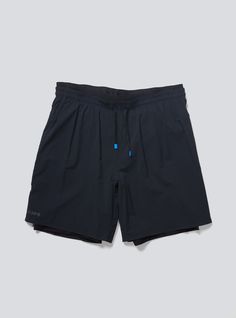 the front view of a black shorts with blue buttons