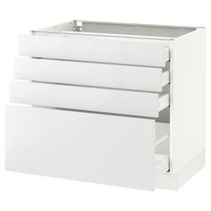 a white cabinet with three drawers on the bottom and one drawer in the middle, against a white background