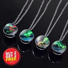 Adorn your neckline with the celestial charm of the Luminous Aurora Borealis Silver Necklace that glows in the dark. This Northern Light Jewelry piece encapsulates the ethereal allure of the auroras in a Unique Double Side Glass Ball Pendant, making it the Perfect Gift for Aurora Lovers. --------------------------------------------------------- Special Offer Buy 2 necklaces and get 2 necklaces free! Add 2 necklaces to your cart, complete your purchase, and then send us the 2 extra necklaces that you want in personalization box or message, and we will add them to your order. Don't miss out on this celestial deal! --------------------------------------------------------- Illuminate Your Style with the Northern Lights :: Type: Unisex Silver Necklace :: Design: Pendant with Double-Sided Glass Extra Necklaces, Northern Light, Pendant Making, Light Jewelry, Necklace Design, Pendent Necklace, Ball Necklace, Ball Pendant, Jewelry Unique