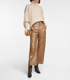 Find RALPH LAUREN High-rise Wide-leg Leather Pants on Editorialist. Pockets: five pockets. Closure: zipper fly, button fastening. Material: 100% lamb leather. Designer color name: Capetown Beige. Care instructions: dry clean. Lining: 100% cupro. Made in India. Brown Leather Pants Outfit, Leather Trousers Outfit, Brown Leather Pants, White Wide Leg Pants, Leather Pants Outfit, Leg Pants Outfit, Cropped Wide Leg Pants, Ralph Lauren Pants