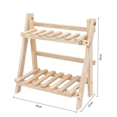 a wooden shelf with two shelves on each side and measurements for the bottom half of it