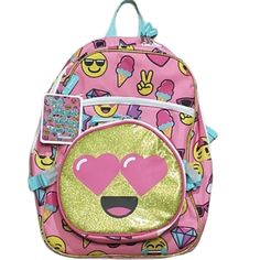 Trailmaker Backpack / Book Bag With Emoji Print And Matching Lunch Bag. The Lunch Bags Has Buckles To Hold It On The Backpack But Is Easily Removed For Lunchtime. The Lunch Bag Is Also Insulated. The Backpack Has A Large Main Body And 1 Smaller Pocket. The Backpack Measures 17 Inches X 12. The Lunch Bag Is 9 Inches X 10 Inches. Bundle And Save On Shipping. 20 Trendy Pink Bag For School Events, Trendy Pink Bags For School Events, Playful Pink Softback Bag, Pink Bags For Back To School Gift, Playful Pink Backpack, Cute Multicolor Rectangular Backpack, Playful Pink Standard Backpack, Fun Rectangular School Bag, Playful Pink Softback Backpack