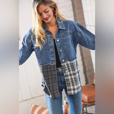 Switch Up The Vibe Of Your Outfit Instantly With This Washed Denim And Plaid Color Block Jacket Made With Front Chest Pockets And A Button-Down Closure. Side Pockets And Trendy Cut-Edge Details Complete This Versatile And Eye-Catching Jacket. Button Closures + Side Pockets + Washed + Plaid Color Block 100% Cotton Medium Blue Denim No Stretch Designed In California Made In China Weight: Regular 1.6 Lbs., Plus 1.8 Lbs. Bust (Side Seam To Side Seam): S 24" M 24.5" L 25" Xl 25.5" 1x 26" 2x 26.5" 3x Trendy Patchwork Button-up Denim Jacket, Fall Patchwork Button-up Denim Jacket, Casual Patchwork Button-up Denim Jacket, Casual Button-up Denim Jacket With Patchwork, Trendy Button-up Patchwork Outerwear, Spring Plaid Denim Outerwear, Denim Shacket With Button Closure For Fall, Trendy Medium Wash Patchwork Outerwear, Trendy Patchwork Dark Wash Outerwear