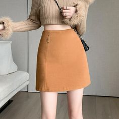 Lasaky - Sleek Purple Anti-Exposure Faux Fur High-Waisted Mini Skirt Mini Skirt Winter, High Waist Long Skirt, Winter Plaid, Knit Midi Skirt, Winter Skirt, Printed Midi Skirt, Houndstooth Pattern, Knit Midi, Types Of Skirts