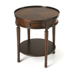 a round wooden table with two drawers on one side and an open drawer on the other