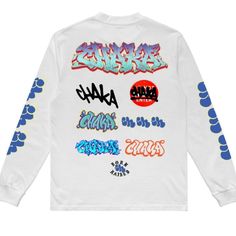 This Official Collaboration Between Born X Raised And Chaka Brings You A Stylish White Long Sleeve T-Shirt In Size 3xl. The Regular Fit And Size Type Make It Suitable For Men Of All Sizes. The Shirt Features The Born X Raised Brand And Is Perfect For Any Casual Occasion. The Shirt Is Made With High-Quality Fabric And Has A Comfortable Feel. Born X Raised + Chaka Highspeed L/S Tee: White Official Collaboration With Chaka. 100% Cotton Long Sleeve Tee Shirt. Screen-Printed Artwork. Urban Long Sleeve Tops With Logo Print, Blue Long Sleeve Top With Graphic Design, White Long Sleeve Top With Graffiti Print, Graphic Design Long Sleeve Streetwear Shirt, White Long Sleeve Graphic T-shirt, White Long Sleeve Tops With Graphic Print, White Long Sleeve Top With Graphic Print, Sporty Long Sleeve Streetwear Shirt, White Graphic Design Shirt For Streetwear