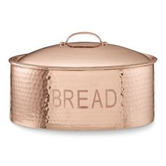 a large copper pot with the word bread written on it's front and bottom