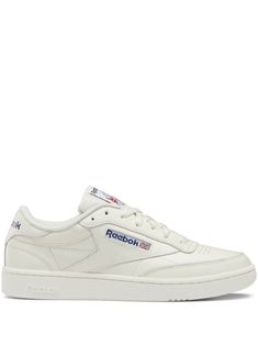 chalk white leather branded heel counter logo patch at the tongue logo patch to the side front lace-up fastening round toe flat rubber sole Reebok Club C 85, Club C 85, Reebok Club C, Club C, Chalk White, Green Bag, Sneakers White, Mens Shoes Sneakers, White Leather