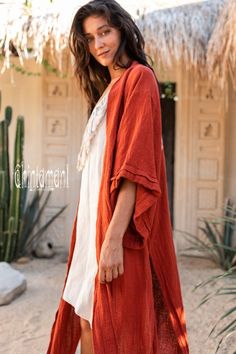 Red V-neck Summer Outerwear, Fitted Red Bohemian Kimono, Lightweight Long Red Outerwear For Beach, Red Bohemian V-neck Outerwear, Long Red Beach Outerwear, Red Summer Outerwear With Kimono Sleeves, Red Summer Beach Outerwear, Long Red Bohemian Outerwear, Red Long Bohemian Outerwear