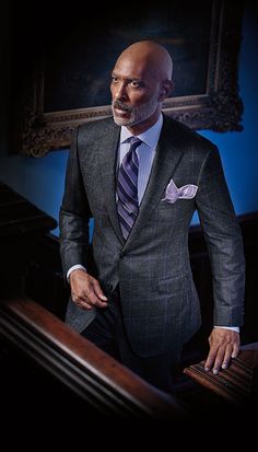 Dark Grey Plaid Wool Suit With Purple Windowpane Gentleman's Club, A Man In A Suit, Gentlemen's Club, Man In A Suit, Tie Fashion, Older Man, Bald Man, Suits Men, Dapper Gentleman