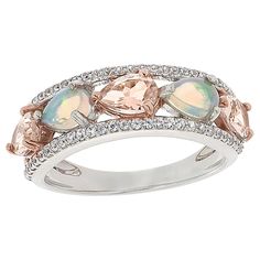 Colleen Lopez Opal, Exotic Gemstone and White Zircon Band Ring  Ethereal opal, eye-catching exotic gemstones and sparkling white zircon mingle on this pretty ring crafted in rhodium-plated silver.       Approx. 15/16"L x 1/8"H; shank 1/16"W     Stamped .925 sterling silver; rhodium plating   Stone Information       All sizes and weights approximate     White Rainbow Opal - Pear (6x4mm)     Pink Tourmaline - Pear (6x4mm)     Light Peach Morganite - Pear (6x4mm)     Violet Tanzanite - Pear (6x4mm) White Cubic Zirconia Jewelry With Gemstone Accents, Opal Ring With Diamond Accents Jewelry, Peach Morganite, Pretty Ring, Rainbow Opal, White Rainbow, Ring Crafts, Light Peach, Wedding Watch