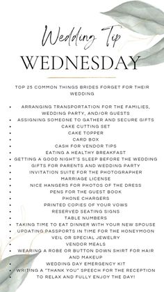 the wedding checklist is shown in black and white with watercolor leaves on it