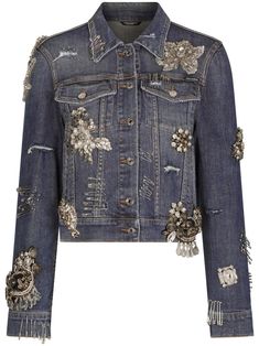 Dolce & Gabbana rhinestone-embellished Denim Jacket - Farfetch Designer Denim Jacket, Embellished Denim Jacket, Embellished Clothing, Leather Tag, Embellished Denim, Blue Denim Jacket, Upcycled Denim, Denim Details, Van Cleef Arpels