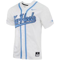 Looking for a way to highlight your unwavering passion for the North Carolina Tar Heels? Your search is over, because this replica full-button baseball jersey from Nike will help you do just that. With crisp North Carolina Tar Heels graphics, you can guarantee everyone will see your die-hard fandom. It's also built with Dri-FIT technology, which will keep you comfortable by wicking moisture away from your body. Rounded droptail hem Officially licensed Replica Jersey Imported Machine wash, tumble White Cotton Baseball Jersey For Fans, Cotton Baseball Jersey With Team Logo And Collar, White Throwback Baseball Jersey With Letter Print, Throwback Baseball Jersey With Team Logo, White Throwback Baseball Jersey For College, Collegiate White Baseball Jersey For Season, Team-colored Cotton Baseball Jersey For Streetwear, White Throwback Baseball Jersey For Baseball Season, Casual White Baseball Jersey For Fan Gear