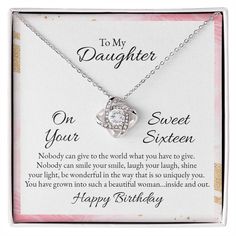 Celebrate her sweet sixteen and let her know just how much you love her with our Sweet Sixteen Love Knot Necklace. Representing an unbreakable bond between two souls, this piece features a beautiful pendant embellished with premium cubic zirconia crystals. Surprise your daughter with this gorgeous gift on her sweet sixteen and remind her that although she's getting older your bond is unbreakable! 14k white gold over stainless steel or 18k yellow gold over stainless steel 6mm round cut cubic zirc Sixteenth Birthday, Birthday Necklace, Jewelry Knots, Shine Your Light, Love Knot Necklace, Daughter Necklace, Sweet 16 Birthday, Love Knot, Luxury Boxes