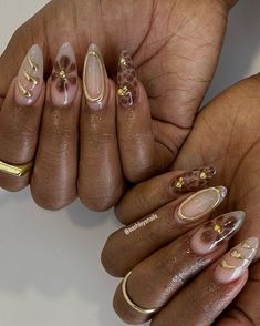 Trendy 3d Nails, Brown Nails And Gold, Cute Birthday Nails Almond, Simple Almond Nails Fall, Brown And Leopard Nails, Nail Designs Autumn Colors, 3d Nail Gel Art, Cheetah And Gold Nails, Nail Inspo Fall Almond