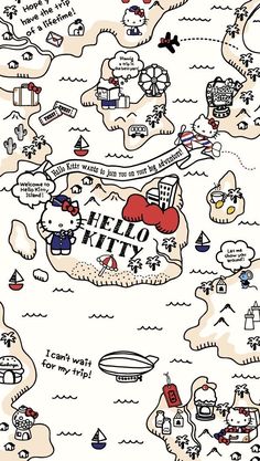 an illustrated map with hello kitty and other things to see in the ocean on it