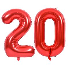 the number twenty two is made out of red foil balloons and sits in front of a white background