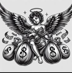 an angel sitting on top of money bags with wings and dollar signs around it's legs