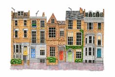 a drawing of a row of houses with colorful doors