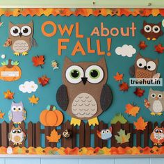 an owl bulletin board with fall leaves and owls