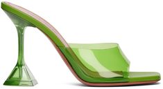 PVC and buffed leather heeled sandals in green. · Open square toe · Logo-embossed buffed leather footbed · Modified stiletto heel · Leather outsole with rubber injection · Heel: H3.75 in Supplier color: Jungle | Amina Muaddi Green Lupita Heeled Sandals