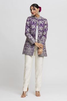 Purple full sleeve blazer with resham embroidery in floral pattern and mandarin collared neckline. - Aza Fashions Elegant Floral Embroidered Kurta For Fall, Elegant Fall Kurta With Floral Embroidery, Elegant Floral Embroidery Kurta For Fall, Formal Outerwear With Resham Embroidery, Traditional Long Sleeve Embroidered Blazer, Formal Long Sleeve Outerwear With Resham Embroidery, Spring Embroidered Long Sleeve Bandhgala, Spring Bandhgala With Intricate Embroidery And Long Sleeves, Spring Long Sleeve Bandhgala With Floral Embroidery