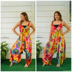 "💥One Size Fits Most Comfortable Tie Dye Hippie Jumpsuits Rompers Pants, Hippie Dress, Wide Legs Jumpsuits, Festival Clothings, Summer Clothing, Harem Dress, Beach Wear 👉Fabric: 100% Soft and Breathable Rayon 👉Adjustable Tie shoulders 👉Boho/Hippie /Festival/Beach/Tropical/Fancy/UniqueTheme 👉Jumpsuit Length: 48\" 👉Straps Length: 19\" 👉Bust up to 55\" 👉Hip up to 60\" 👉 Tie Dye Method 👉The back is identical to front pattern 👉Flowy open legs 👉One Size Fits S-XL 👉Extremely comfortable No Bohemian Sleeveless Jumpsuits And Rompers For Loungewear, Bohemian Multicolor Jumpsuits And Rompers For Spring, Bohemian Harem Pants For Summer Loungewear, Bohemian Cotton Jumpsuits And Rompers For Vacation, Bohemian Multicolor Harem Pants For Vacation, Bohemian Summer Harem Pants For Festivals, Bohemian Cotton Jumpsuit For Vacation, Multicolor Hippie Jumpsuits And Rompers For Festival, Hippie Multicolor Jumpsuits And Rompers For Festival