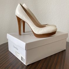 Round Toe 4’ Heels, Cream Color, Only Worn To Try On, New With Box. No Damage. Make An Offer Calvin Klein Synthetic Heels With Padded Heel, Cream High Heel Court Shoes With Sculpted Heel, Cream Heels With Wooden Heel And Round Toe, Chic Calvin Klein Heels With Padded Heel, Cream Closed Toe Platform Heels, Beige Platform Heels For Office, Office Beige Platform Heels, Calvin Klein 4-inch Heel Synthetic Heels, Cream Court Shoes With 4-inch Block Heel