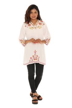 Floral Embroidered V- Neck Three-quarters Tunic - Shoreline Wear Spring V-neck Dress With Embroidered Neckline, Spring V-neck Embroidered Dress, Spring Embroidered V-neck Dress, V-neck Embroidered Dress With Geometric Patterns For Spring, Spring V-neck Embroidered Dress With Geometric Design, Spring V-neck Embroidered Dress With Geometric Embroidery, Fitted V-neck Dress With Embroidered Neckline, Folk Style Embroidered V-neck Dress For Spring, Spring V-neck Embroidered Dress With Floral Print