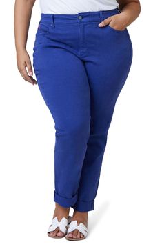 These vibrantly blue jeans done in stretch-kissed denim feature a classic boyfriend cut that looks great rolled up—or not, depending on your mood. 32" unrolled inseam; 28" rolled inseam; 13" leg opening; 12 1/4" front rise; 20 1/2" back rise (size 18W) Zip fly with button closure Five-pocket style 58% cotton, 39% rayon, 3% spandex Machine wash, tumble dry Imported Women's Clothing High Waist Boyfriend Jeans, Boyfriend Cut, Jeans High Waist, Tie Neck Blouse, Plus Size Clothing For Women, Faux Wrap Dress, Plus Size Blouses, High Waist Jeans, High Jeans