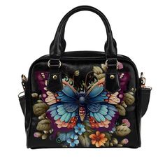 "► ABOUT THIS PURSE Colors: black, blue, orange, green Metal Color: Gold Design: Amazing watercolor style butterfly and floral purse. Makes a great gift for yourself or anyone you love. . The design is printed on both sides. The sides, bottom, handle and trim are black. * Manufactured with premium water-resistant PU material (vegan leather / poly-vinyl). The sides and bottom are textured and slick. The printed front and back are slightly thicker with a semi-matte finish. * Features comfortable a Black Handheld Portable Shoulder Bag, Black Portable Handheld Shoulder Bag, Multicolor Portable Bag For Daily Use, Portable Multicolor Bag For Daily Use, Casual Portable Satchel For Gift, Casual Portable Satchel As Gift, Multicolor Portable Shoulder Bag, Portable Multicolor Shoulder Bag, Black Shoulder Bag With Large Capacity For Gift