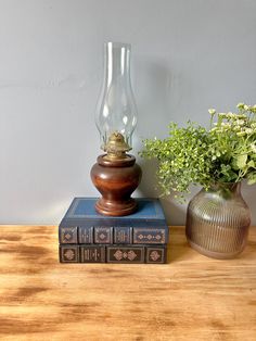 an old fashioned lamp sitting on top of a book next to a potted plant