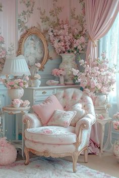 a living room with pink flowers on the walls and furniture in front of a mirror