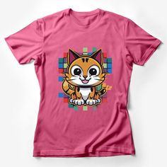 Cute Cartoon Cat T-Shirt, Colorful Pixel Art Kitten Tee, Unisex Graphic Tee for Cat Lovers, Casual Wear Female T-Shirt Custom graphic T-Shirt.Customize your color Multicolor Cat Print Cotton Tops, Multicolor Short Sleeve T-shirt With Hello Kitty Print, Short Sleeve Graphic Tee With Cat Design, Fun Short Sleeve T-shirt With Cat Print, Cute Pink Cat Print T-shirt, Cute Pink T-shirt With Cat Print, Pink Cat Print Graphic Tee, Pink Graphic Tee With Cat Print, Playful Cotton T-shirt With Cat Design