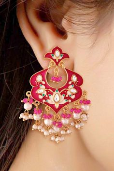 I Jewels 18k Gold Plated Meena Work Kundan Pearl Studded Chandbali Earring For Women (E2920Pi) Stylish Designer Meenakari Worked Traditional 18k Gold Plated Drop Earrings with lovely combination of Colors from I Jewels. These designer earrings, made with Love by our karigar with real craftsmanship, will complement any Occasion Ethnic Wear. These beautiful earrings are handcrafted in alloy with pearls of good quality. Coated with high Quality and thickness gold polish. Go ahead and make them all Large Dangle Earrings, Chandbali Earrings, Earring For Women, Pink Saree, Gold Polish, Pearl Studs, Ethnic Wear, Designer Earrings, Beautiful Earrings