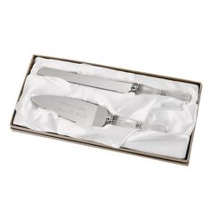 two silver cheese knives in a box on a white background