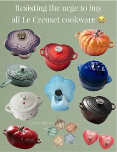 an advertisement with many different types of pots and pans on the front, including one that says resisting the urge to buy all le creuset cookware