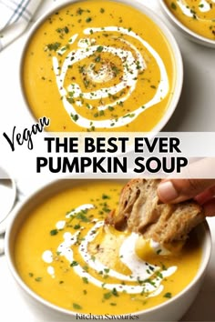 the best ever pumpkin soup is served in two bowls