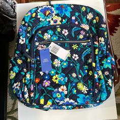 Iconic Campus Backpack In Moonlight Garden Blue Spring Backpack, Blue Backpack For Daily Use In Spring, Blue Backpack For Everyday Use In Spring, Blue Backpack For Spring, Blue Standard Backpack For Spring, Mickey Backpack, Moonlight Garden, Vera Bradley Backpack Campus, Navy Backpack