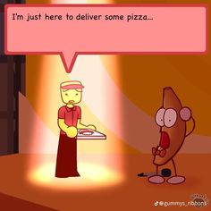 a cartoon character holding a pizza in front of another person with a speech bubble above his head