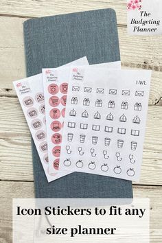 three planner stickers with the text icon stickers to fit any size planner on them