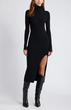 Open Edit Rib Long Sleeve Turtleneck Sweater Dress | Nordstrom Coats For Dresses, Long Sweater Dress With Boots, Black Sweater Dress With Boots, Fall Dress With Boots, Long Dresses With Boots, Fall Looks For Black Women, Winter Dress Boots, Sweater Dress And Boots, Sweater Dress With Boots