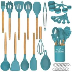 a collection of kitchen utensils including spatulas and spoons