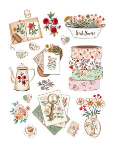 an illustration of flowers and teapots with cards