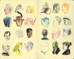 an open book with drawings of people's heads in different colors and shapes on it